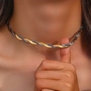 18K Gold Filled Braided Double Herringbone|Flat Herringbone Chain|Gold Layered Snake Chain|Necklace Two Colored Twist Double Choker