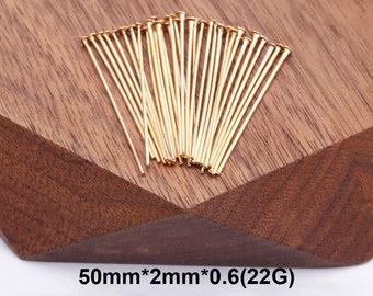 10pcs- 18K Gold Filled Flat Head Pins, 50mm, 22 gauge, 2mm Flat, per la produzione di gioielli, componenti di forniture, orecchini fatti a mano