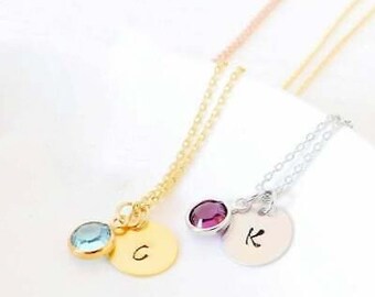 BirthSTONE NECKLACE in 18K Gold Filled.Initial Necklace.Personalized Necklace.Engraved Necklace.Birthday Gift.Birth Month