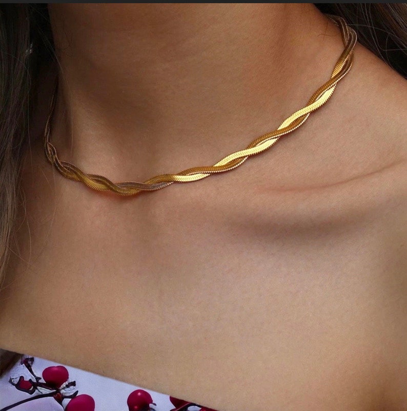 18K Gold Filled Braided Double HerringboneFlat Herringbone ChainGold Layered Snake ChainNecklace Strand Twist Double Choker Chain image 3