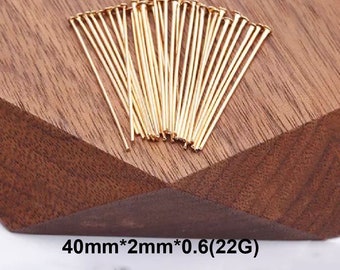 10 pezzi - spilli a testa piatta riempiti in oro 18 carati, 40 mm, calibro 22, piatto 2 mm, per la creazione di gioielli, componenti di forniture, orecchini fatti a mano