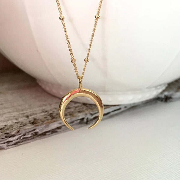 18K gold filled moon necklace, CRESCENT MOON NECKLACE, defense necklace, upside down moon necklace, double horn necklace, Christmas gift