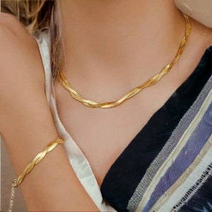 18K Gold Filled Braided Double HerringboneFlat Herringbone ChainGold Layered Snake ChainNecklace Strand Twist Double Choker Chain image 1