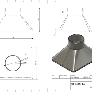 May include: Technical drawing of an AC duct to 4in. The drawing includes top, side, and isometric views with dimensions in millimeters. The duct has a rectangular base, a conical body, and a cylindrical outlet. The text "AC duct to 4in" is visible.