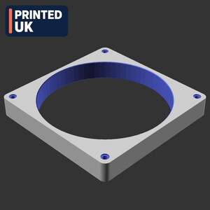 May include: A square-shaped mounting bracket with a large circular cutout in the centre and four small circular holes at each corner. The object features a light grey exterior and a dark blue interior lining. The text PRINTED UK is visible.