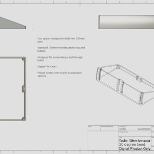 Puede incluir: Dibujo técnico de un espaciador de ventilador diseñado para alojar dos ventiladores de 120 mm. El dibujo incluye varias vistas del espaciador, con dimensiones y detalles de montaje. El texto indica que es solo un archivo digital.