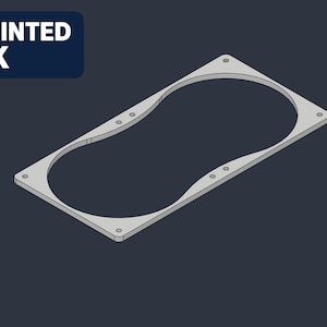 May include: A light grey rectangular mounting plate with a central figure-eight cutout and eight small circular screw holes at the corners and sides. The top left corner features a dark blue logo box with the white text PRINTED UK.