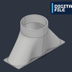 Puede incluir: Un modelo 3D gris de una pieza de transición de conducto con una abertura superior circular que se estrecha hacia una base rectangular con orificios de montaje. La imagen incluye una etiqueta azul oscuro con el texto DIGITAL FILE.