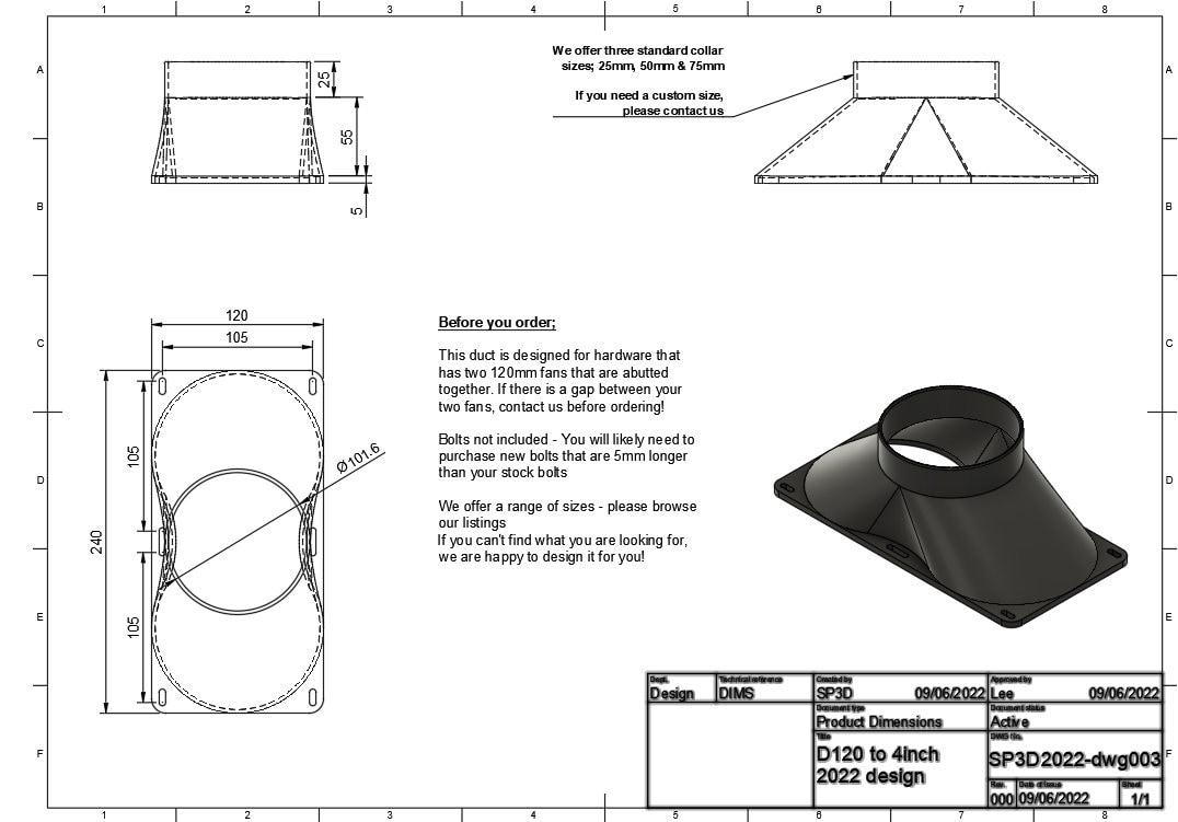 Double 120mm fan duct shrouds to 4 inch hose adaptor digital file