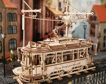 City Tram Car 3D Wooden Puzzle, Mechanical Model Kit, Lockbox