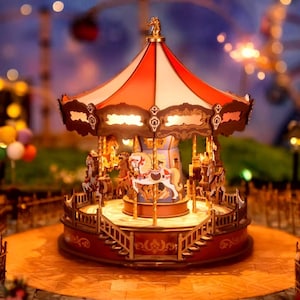 Carnival Carousel Music Box 3D Puzzle, Wooden Mechanical Model Kit, Carnival Style TV, Art Collectible, Home Decor, Gift