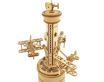Airplane Tower Music Box 3D Puzzle, Wooden Mechanical Model Kit