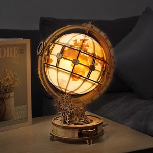 Luminous Globe Wooden 3D Puzzle, Wooden Mechanical Model Kit, Earth Replica, Art Collectible, Home Decor, Gift Present