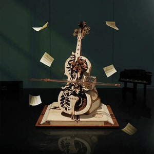 Magic Cello Mechanical Music Instrument 3D Puzzle, Wooden Mechanical Model Kit, Vintage Instrument Stand, Art Collectible, Home Decor, Gift