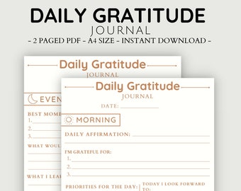 Daily Gratitude Journal, Instant download, morning, evening, gratefulness, printable, self-improvement, self-help, healing, growth, cute