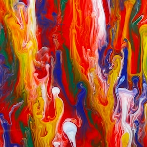 May include: Abstract painting with swirling colors of red, yellow, blue, green, and white. The colors blend and mix together to create a dynamic and energetic composition.