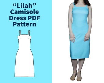 Both Size Ranges - "Lilah" Camisole Dress Sewing Pattern PDF Download, Knit, Below Knee Length, 1 Inch Straps, Bust Pleats
