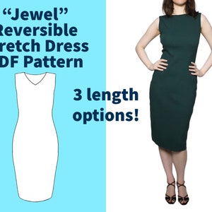 Size Range 2 - “Jewel” Reversible Stretch Knit Dress Sewing Pattern PDF Download, 3 length options, 2 necklines in 1 dress, Classic