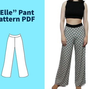 May include: A digital illustration of wide-leg pants with a black and white checkered pattern. The text "Elle" Pant Pattern PDF is displayed above the illustration.