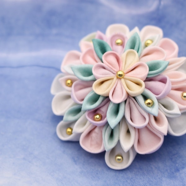 Silk Kanzashi Flower Brooch / Pastel Kanzashi Flower Scarf Clasp / Kimono Sash Clip / Japanese Obidome