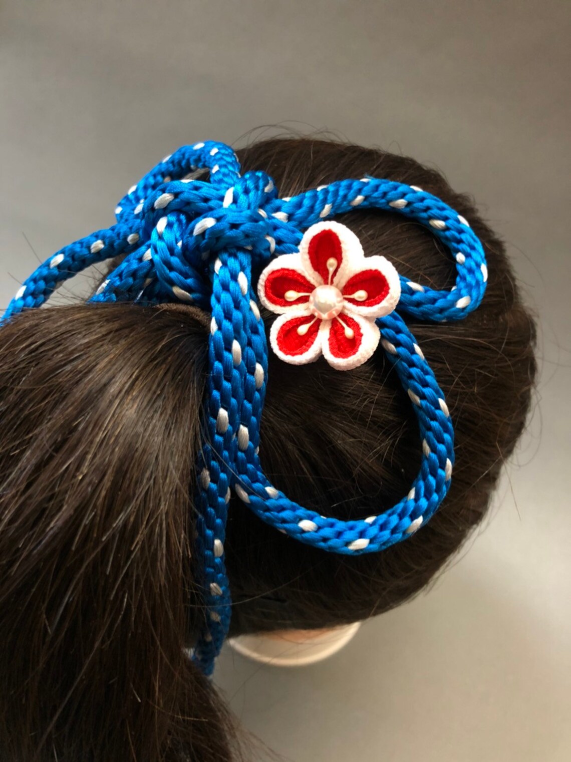 Silk Braided Hair Ribbon Blue With A Kanzashi Flower Etsy