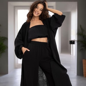 Boho Cotton Kimono, Relaxed Fit Jacket, Cotton Kaftan Cardigan, Lightweight Black Organic Cotton, Beachwear Cover Up, Sister Gift Idea