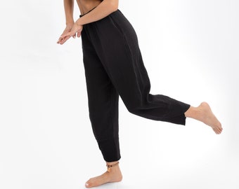 V-Kreuz Baumwolle Frauen Hosen: Elastische Taille Hose, Seitentaschen, Boho Hose, Baumwoll Gaze, Yoga Hose