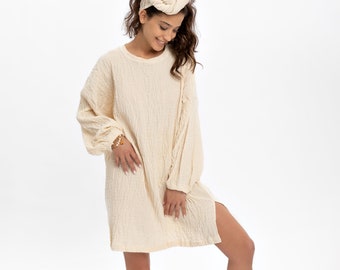 Robe Blaze pour femme, Robe en coton, Mini-robe, Manches longues, Robe de plage pour femme, Robe décontractée ample en gaze, Tunique, Couleur naturelle