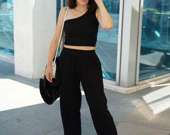 Pantaloni larghi in cotone Boho, tessuto leggero in mussola nera, pantaloni con elastico in vita e vestibilità comoda, outfit estivo per donna, regalo per sorella