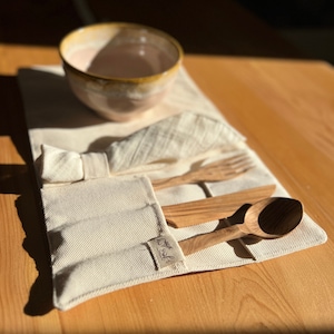 Reusable Canvas Cutlery Roll, Cutlery Set, Olive Wood, Wood Spoon, Zero Waste, Wooden Spoon Set, Wooden Cutlery, Picnic Gifts