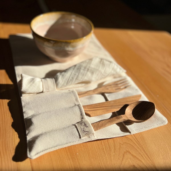 Reusable Canvas Cutlery Roll, Cutlery Set, Olive Wood, Wood Spoon, Zero Waste, Wooden Spoon Set, Wooden Cutlery, Picnic Gifts