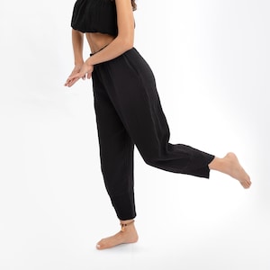 Black Cotton Women's Pant - Elastic Waist Boho Yoga Pants in Natural Cotton Gauze. Perfect for Yoga, Lounging, or Pajamas. Available in Plus Size. A Comfortable and Stylish Choice