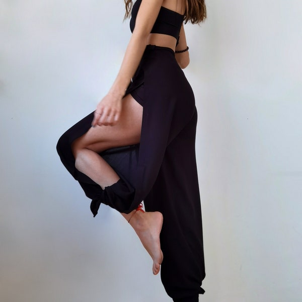 FreeSide Pant, Yogabyxor, 100% bomull svarta byxor, byxor med sidoslits, ekologiska kläder, byxor för kvinnor, avslappnade byxor, yogapresenter
