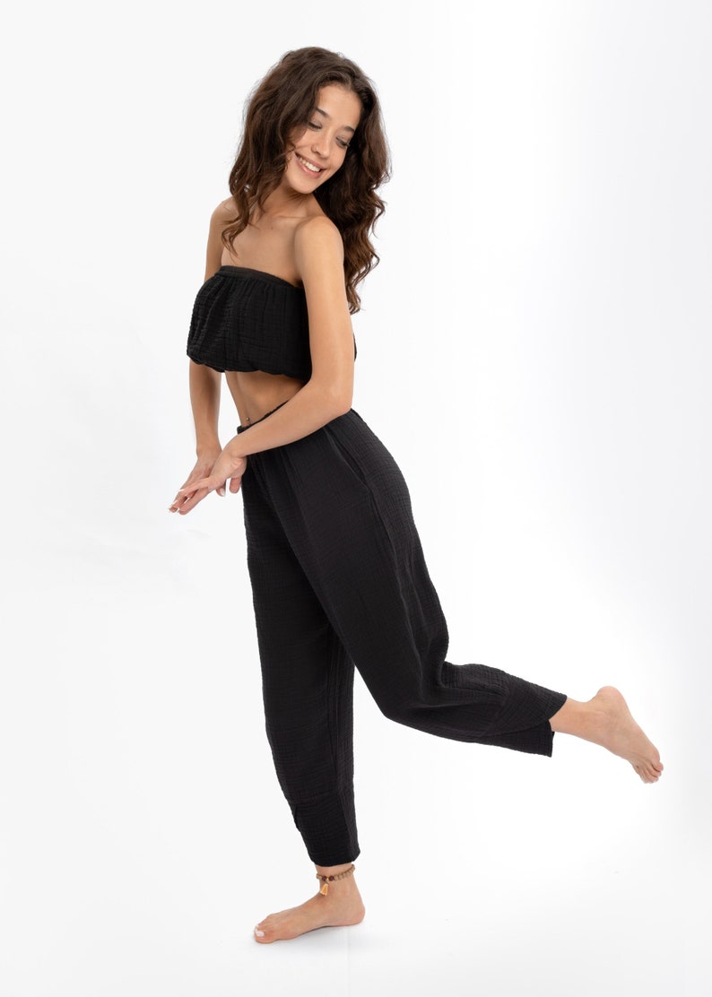 Black Cotton Women's Pant - Elastic Waist Boho Yoga Pants in Natural Cotton Gauze. Perfect for Yoga, Lounging, or Pajamas. Available in Plus Size. A Comfortable and Stylish Choice