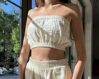 Handgemachtes Crop Top aus Baumwoll-Musselin: Organic Beach Loungewear