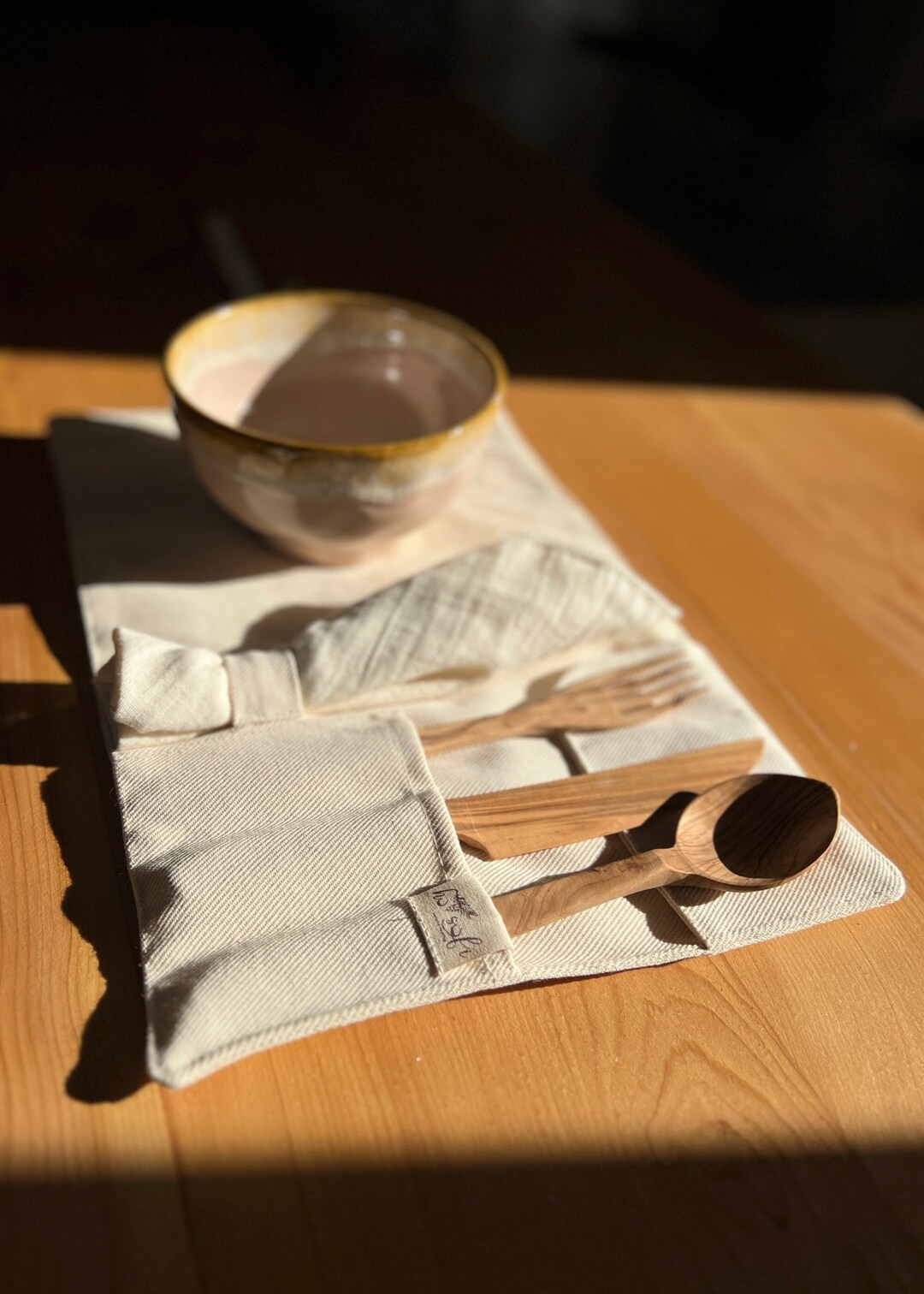 Reusable Canvas Cutlery Roll, Cutlery Set, Olive Wood, Wood Spoon, Zero