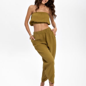 Versatile Oil Green Cotton Women's Pants - Elastic Waist Boho Yoga Pants crafted from Natural Cotton Gauze. Perfect for Yoga, Lounging, or Pajamas, including Plus Size. A Comfortable and Stylish Choice for Your Wardrobe.