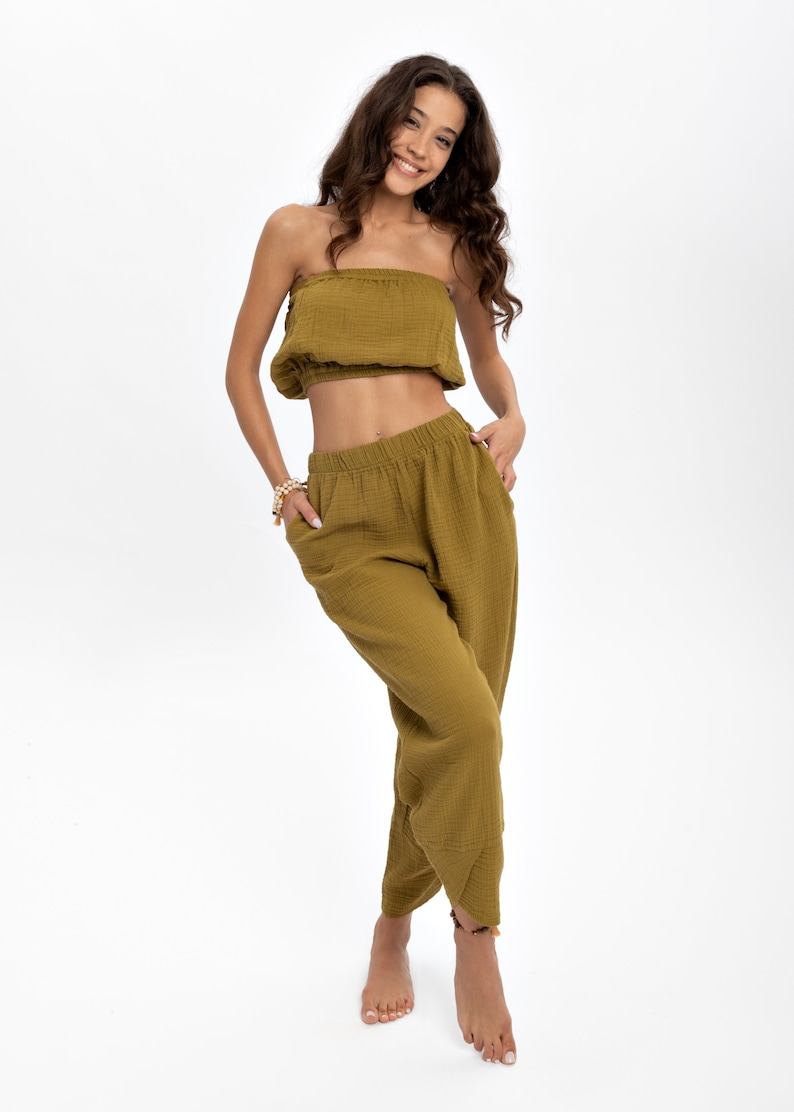Versatile Oil Green Cotton Women's Pants - Elastic Waist Boho Yoga Pants crafted from Natural Cotton Gauze. Perfect for Yoga, Lounging, or Pajamas, including Plus Size. A Comfortable and Stylish Choice for Your Wardrobe.