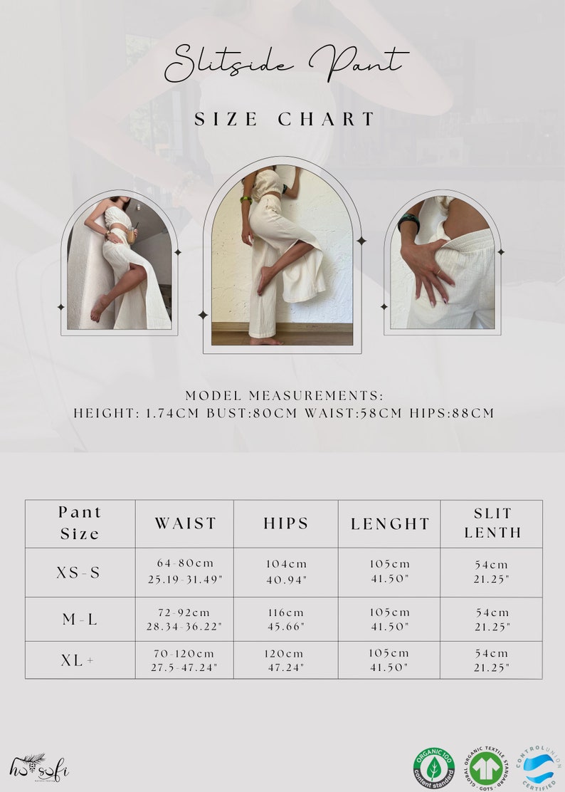 Slitside pant's size chart.