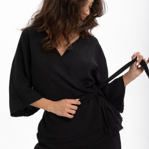 Cotton Kimono Robe, Double-Breasted Kimono, Short Kimono Robe for Women, Cotton Loungewear, Ecofriendly Kimono, Mothers Day Gifts Black