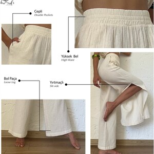 Detail of the products. Double pockets, high waist, loose leg, and, slit side.