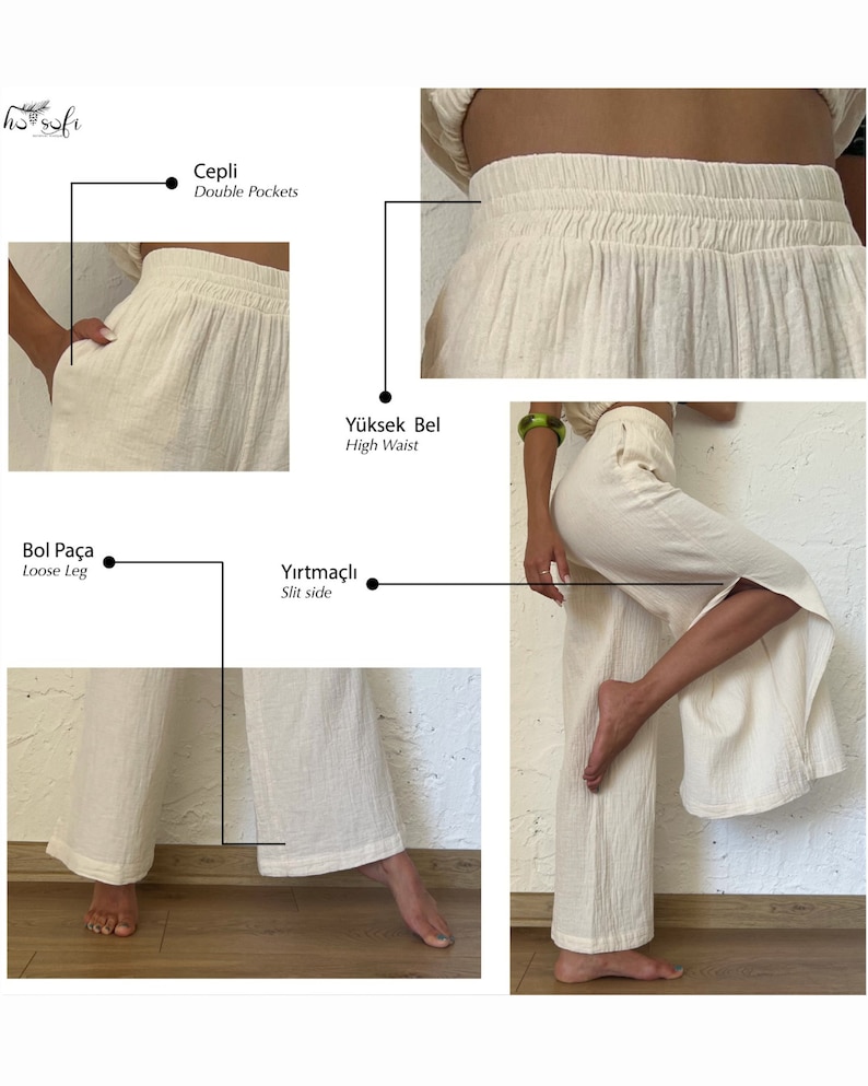 Detail of the products. Double pockets, high waist, loose leg, and, slit side.