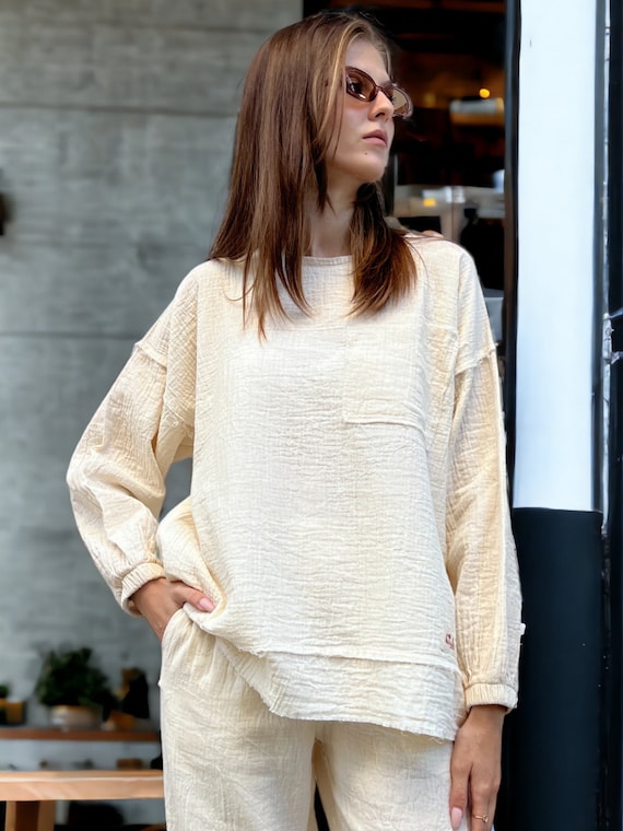 Cotton Gauze Blouse: Long Sleeve, Bohemian Style, Natural Fiber