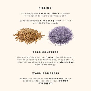 Aromatherapy eye pillow next to dried lavender flowers and flaxseeds, emphasizing its soothing scent and natural filling.