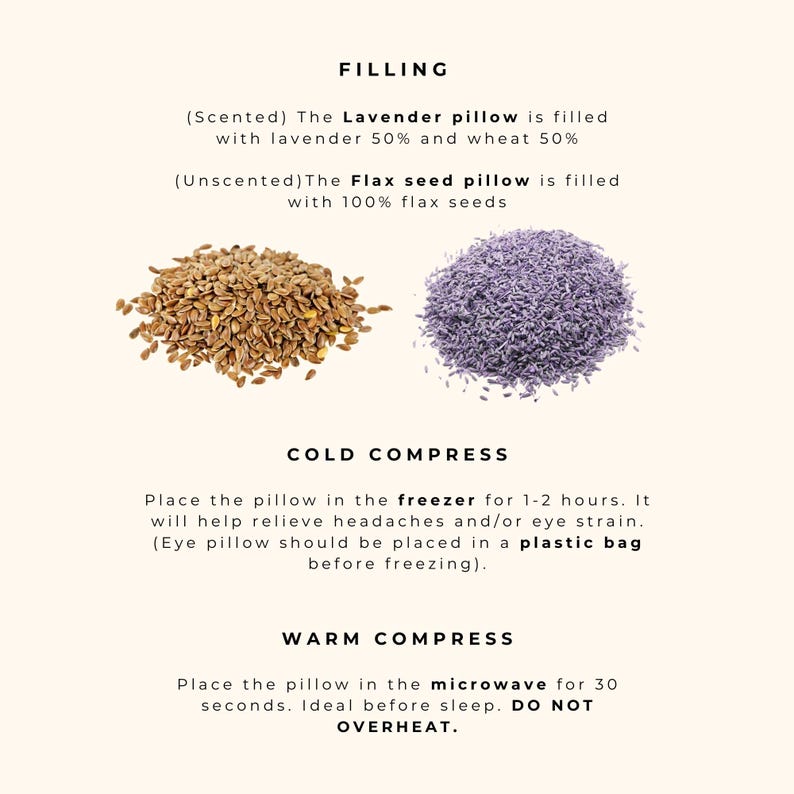 Aromatherapy eye pillow next to dried lavender flowers and flaxseeds, emphasizing its soothing scent and natural filling.