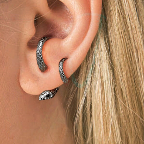 Black Rhodium Snake Set: Earring Jacket & Half Hoop for Multiple Piercings, Black Serpenti Viper Jewelry, Earring Set, Sterling Silver