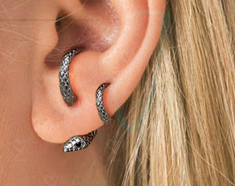 Zwarte Rhodium Snake Set: Earring Jacket & Half Hoop voor meerdere piercings, Black Serpenti Viper Sieraden, Earring Set, Sterling Zilver