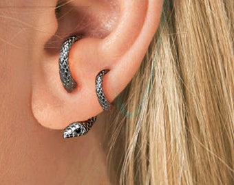 Conjunto de serpientes de rodio negro: chaqueta de pendiente y medio aro para múltiples piercings, joyería de víbora Serpenti negra, conjunto de pendientes, plata de ley