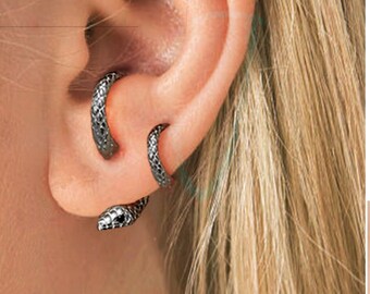 Parure serpent noir rhodié : boucle d'oreille et demi-créole pour plusieurs piercings, bijoux vipère serpenti noire, boucles d'oreilles pour tous les jours, argent sterling