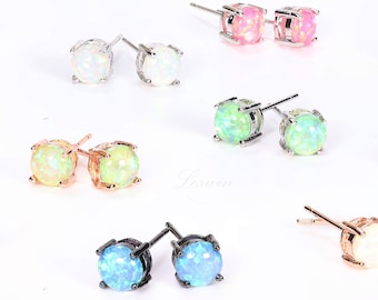 Dainty 6mm Opal Studs, Claw Set Preciosstone Aretes, Plata, Oro, Oro Rosa, Pequeñas Joyas Hechas a Mano, Piedra Natal de Octubre, Pendientes Apilables